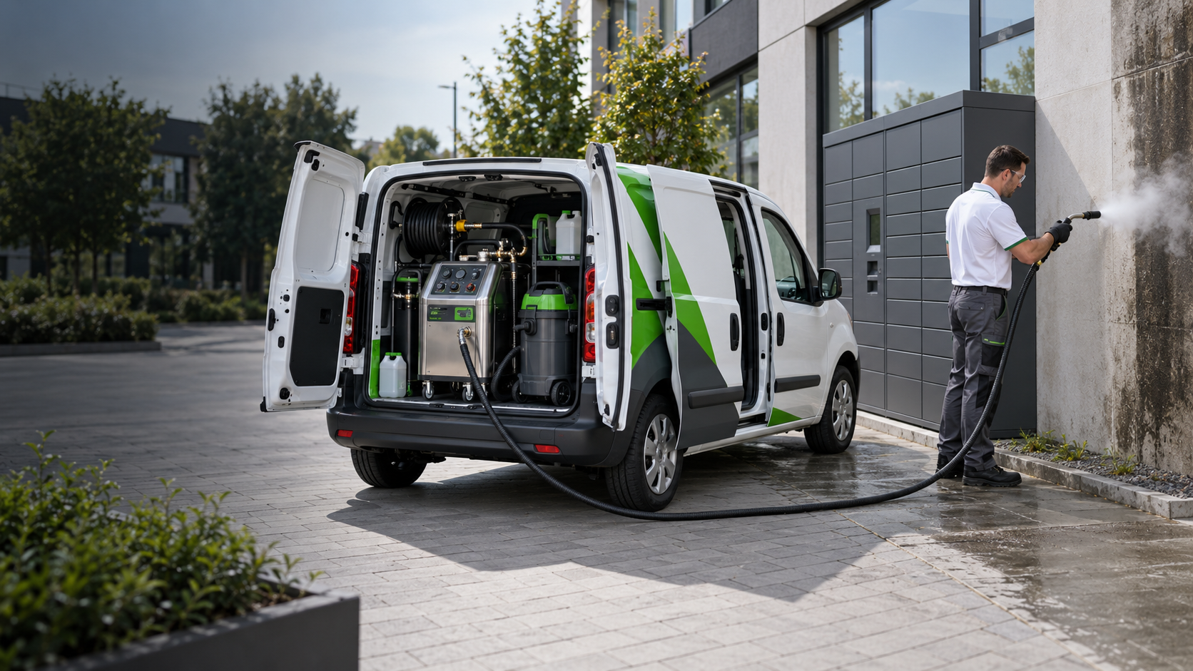 Mobilna firma czyszcząca elewację parą, ze sprzętem zamontowanym w samochodzie typu Fiat Doblo